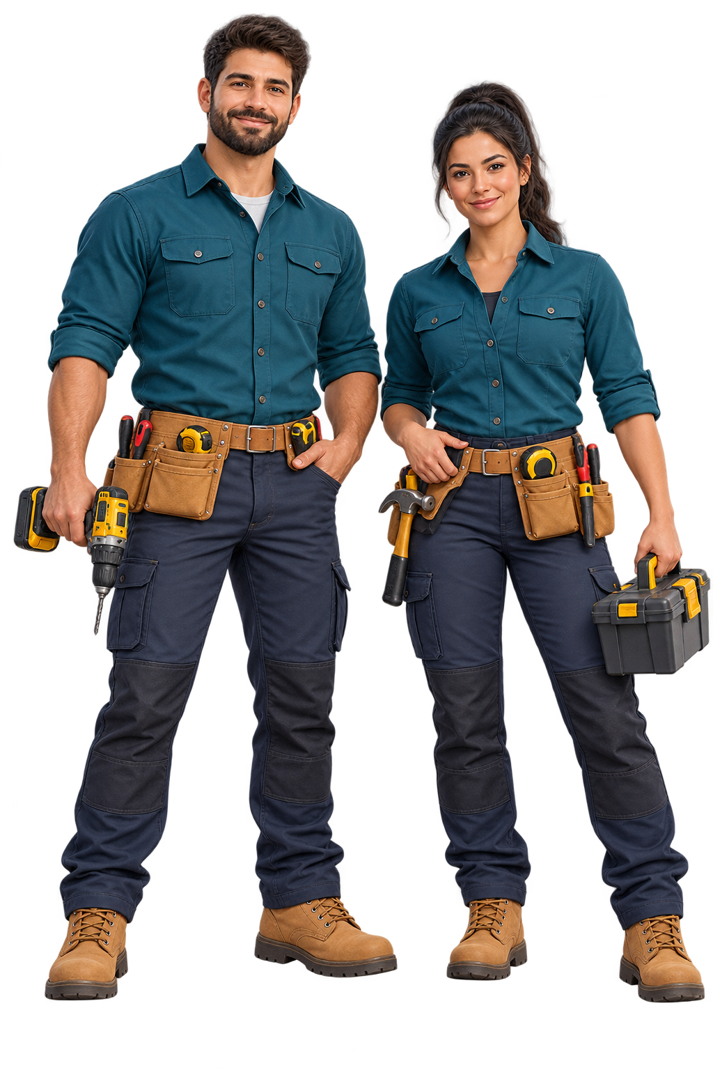 Two friendly home repair pros with tools